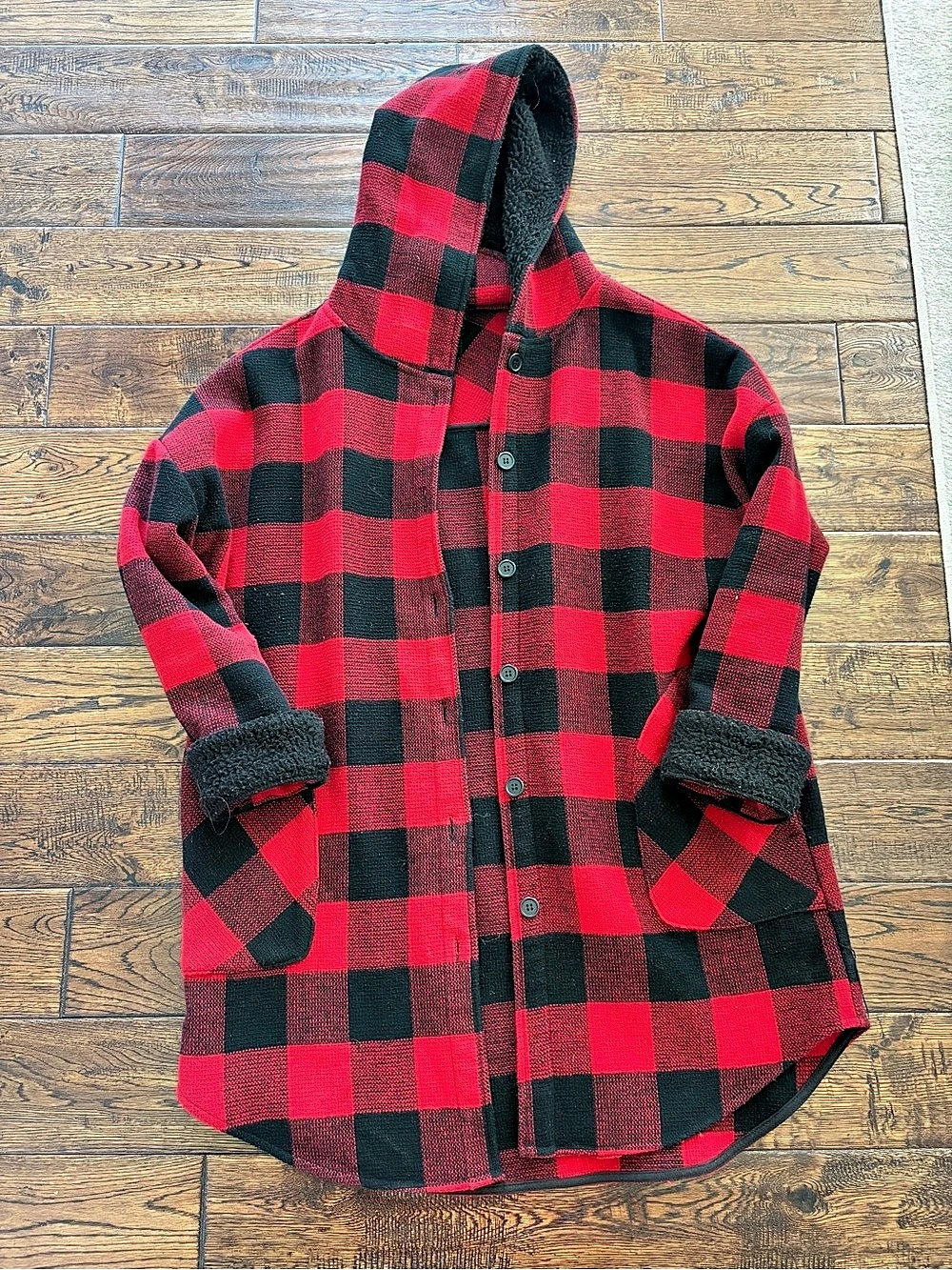 RD Style women’s Buffalo Plaid Hooded Shacket Red & Black